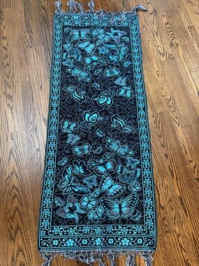 Butterfly Pattern Boho Runner Scarf - Black & Turquoise
